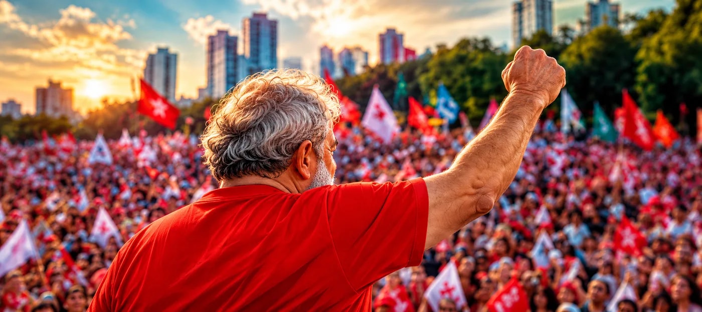 Lula de punho erguido diante da multidão com bandeiras
